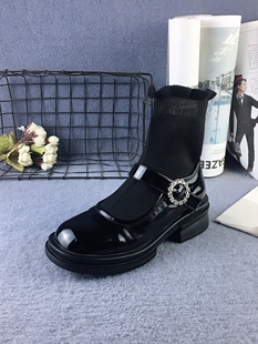 07春秋新款专柜断码英伦风漆皮魔术贴粗跟乐福袜子靴女甜美小皮鞋