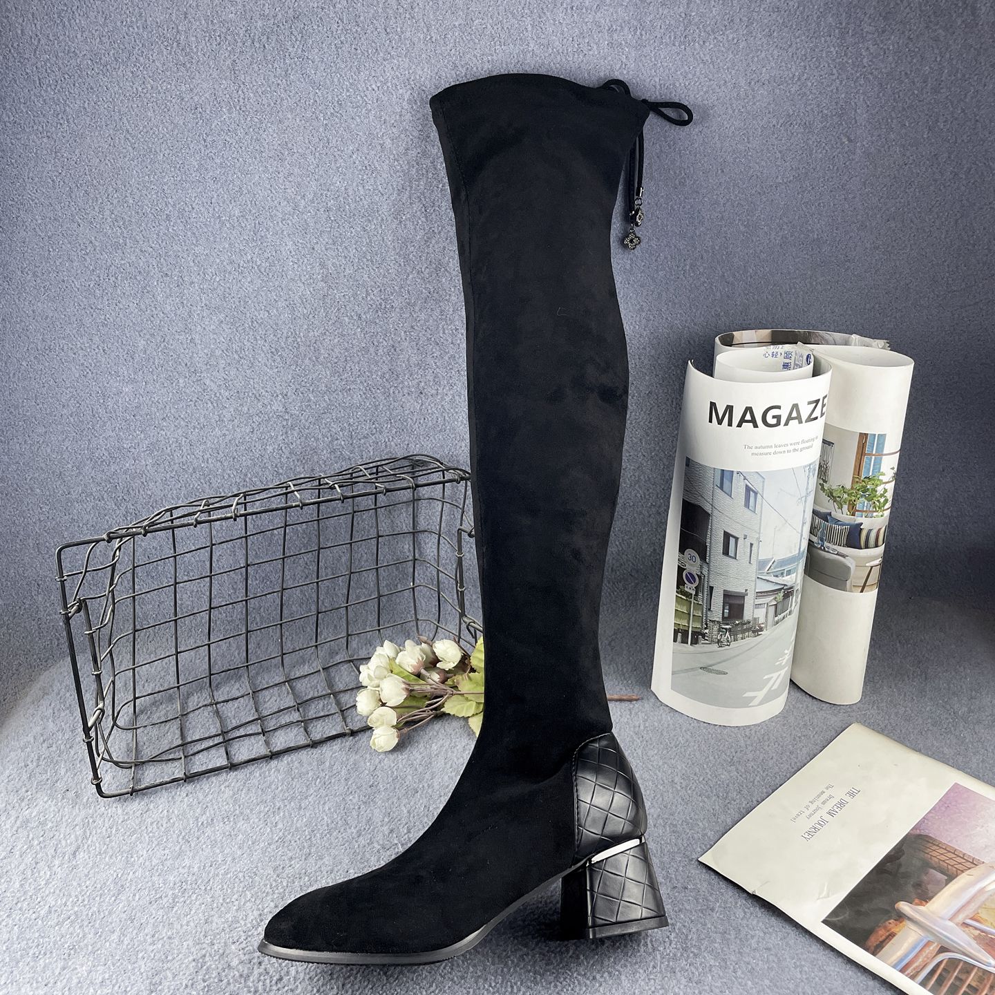 方头绒面粗跟套筒显瘦弹力过膝靴