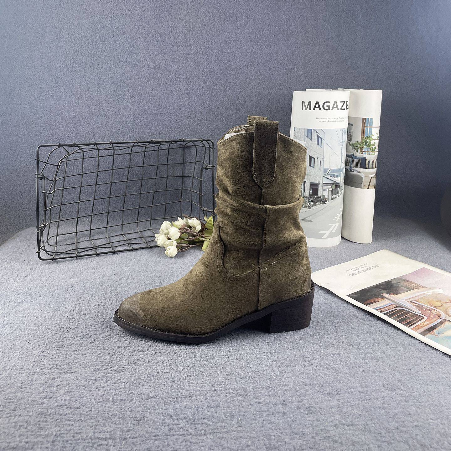 专柜断码秋冬新款尖头复古擦色褶皱加绒堆堆靴V口粗跟中筒靴女靴,女鞋,西部靴,淘宝优惠券,粉丝福利购,淘宝优惠卷