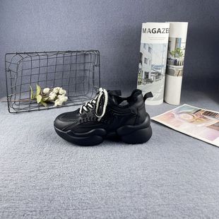 女 小个子增高显脚小粗跟厚底加绒休闲老爹鞋 真皮专柜断码 秋冬新款