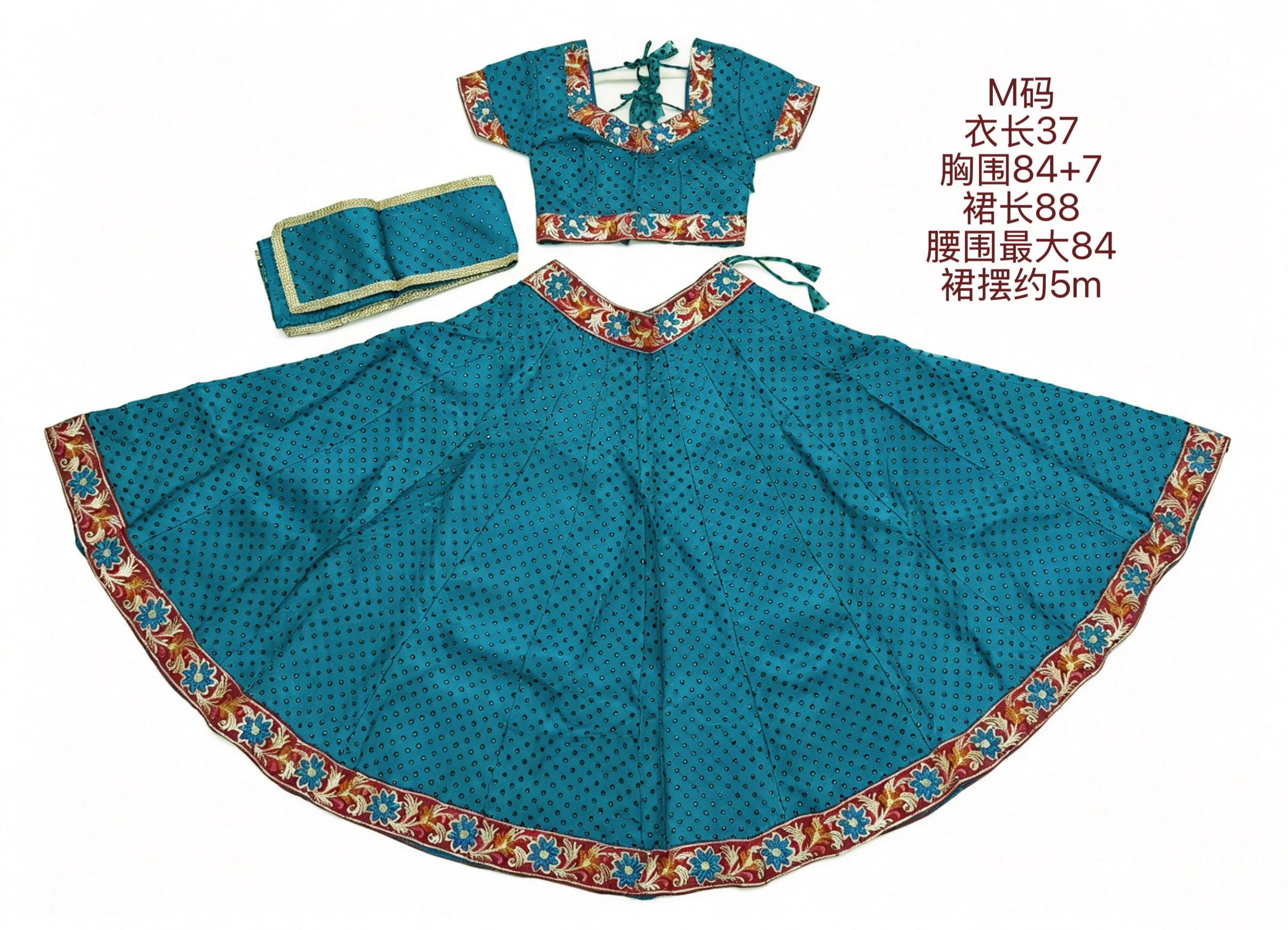 独家印度定制宝莱坞卡塔克舞蹈大摆裙三件套表演服练习套装蓝