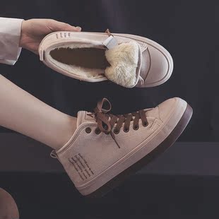 人本高帮潮鞋厚底帆布鞋女生加绒保暖短靴2025冬季百搭加厚棉鞋
