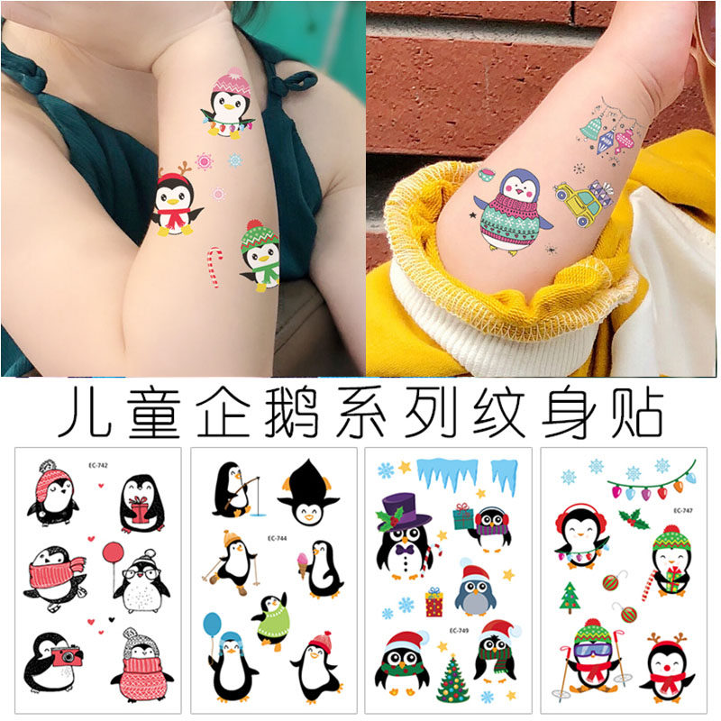 企鹅纹身贴纸安全卡通手表可爱宝宝女孩圣诞节礼物脸贴节日美人鱼
