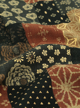 日本进口纯棉面料seven手工diy家居包袋复古上衣服装布烫金格子花