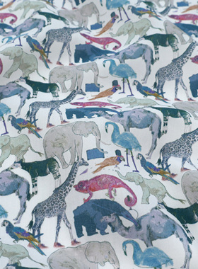 英国正品liberty面料100支lawn长纤棉柔软服装布动物园排队蓝紫色