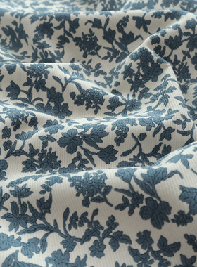 日本进口21w灯芯绒面料sunwell手工居家布艺连衣裙服装布蓝花映月