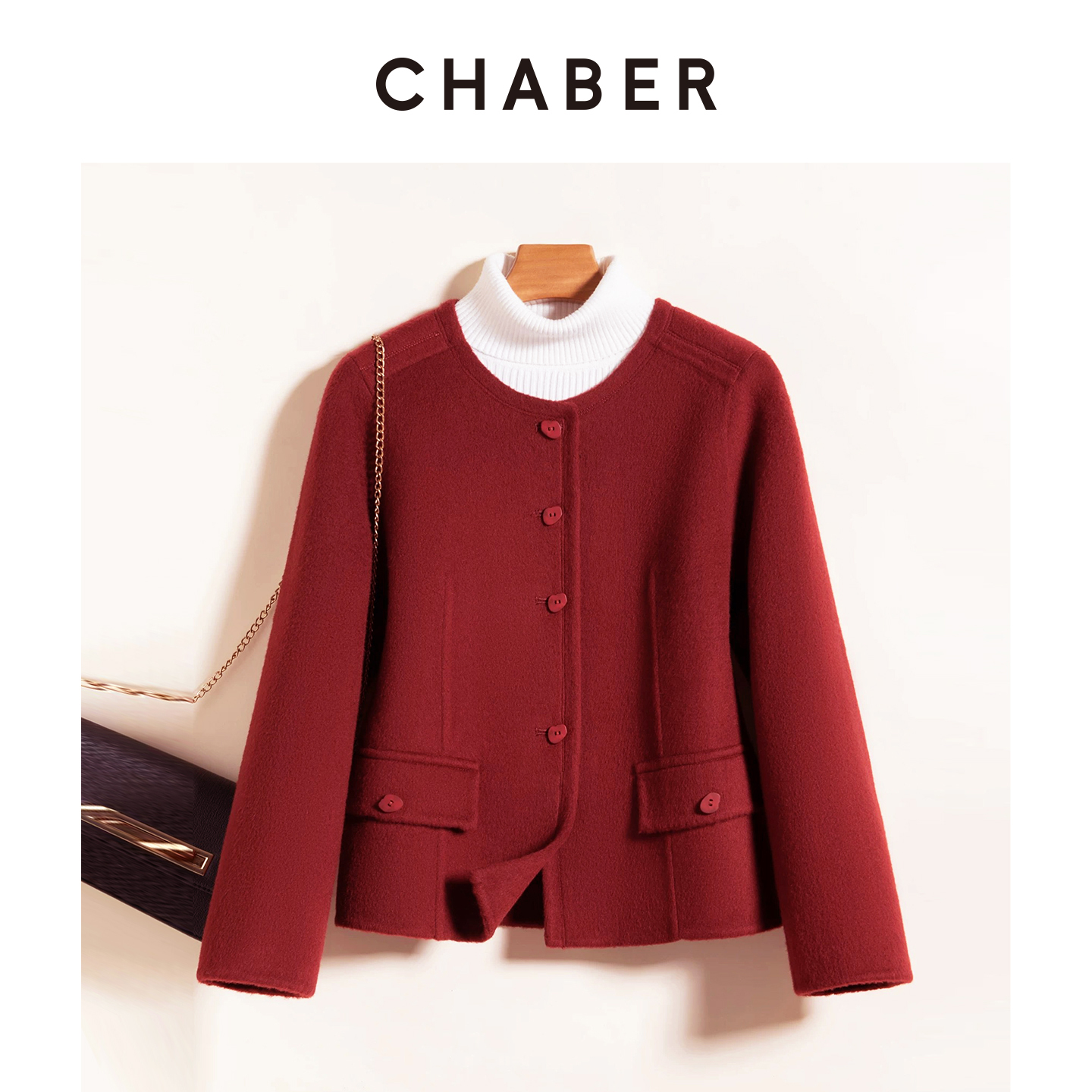 CHABER巧帛圆领短款绵羊毛外套