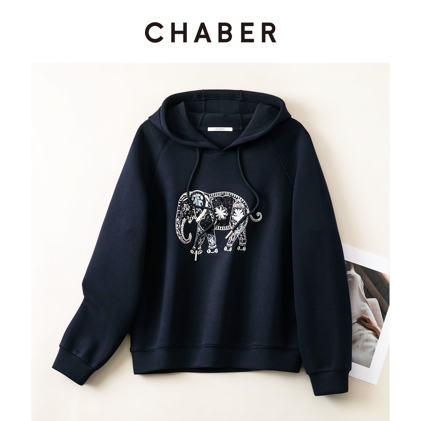 CHABER巧帛圆领刺绣珠片连帽卫衣