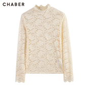 chaber巧帛冬季 半修身 新款 蕾丝打底衫 女上衣 镂空花朵优雅时尚