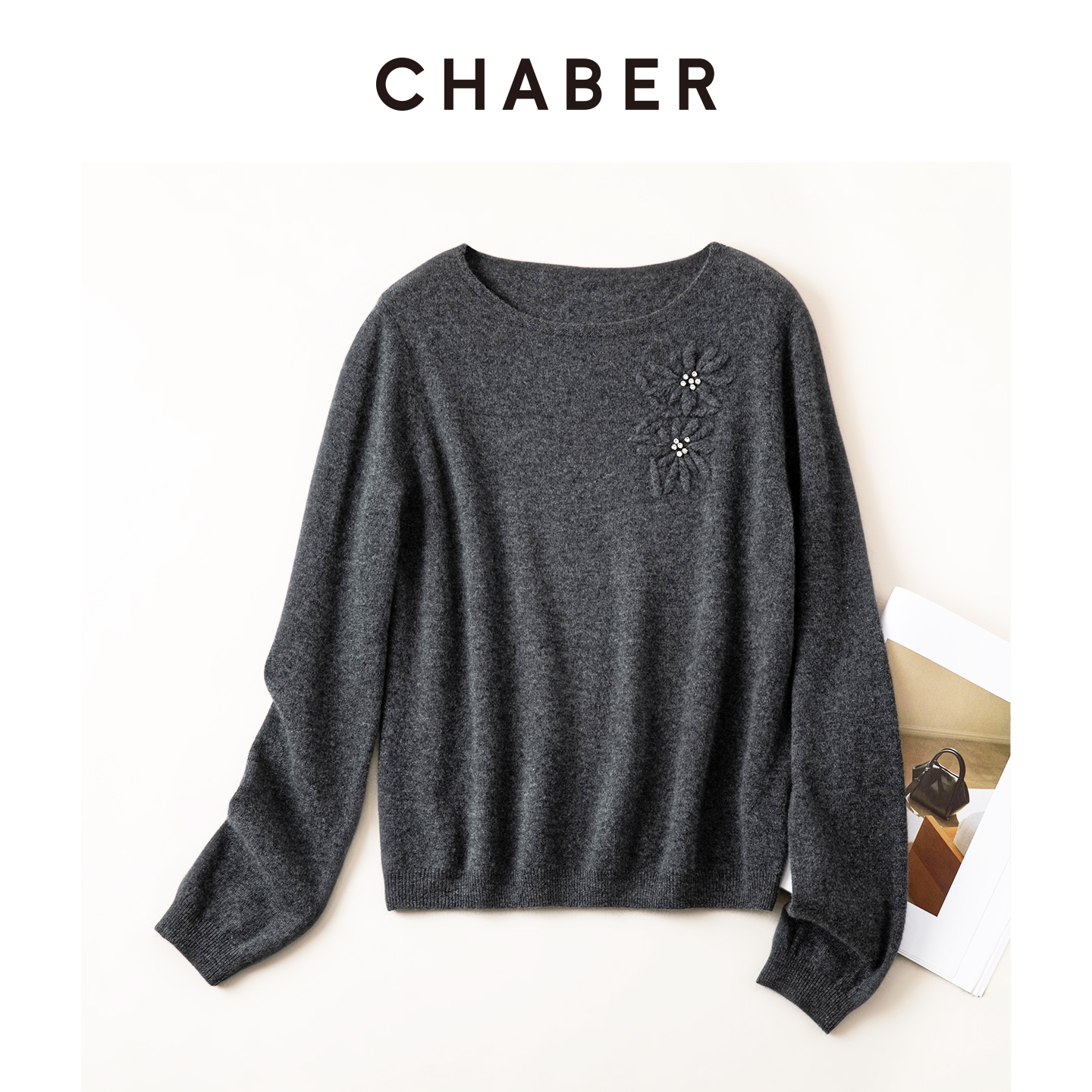 CHABER巧帛镶钻绣花毛衣