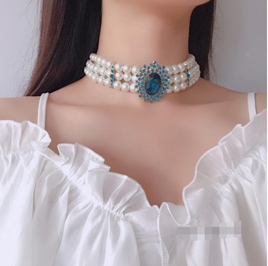 韩国代购进口首饰品女复古华丽珍珠镶钻多层宽短锁骨项链颈带套装
