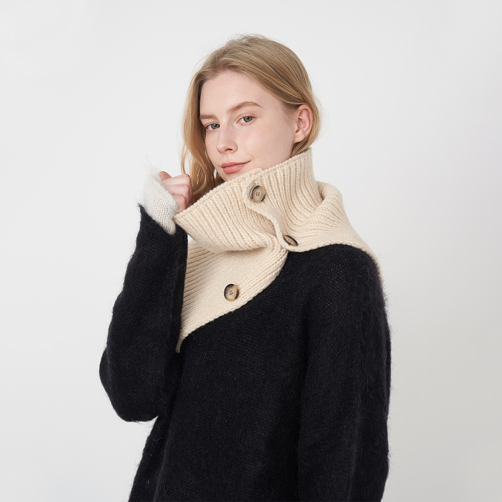 跨境日韩含羊毛纯色针织围巾女秋冬欧美外搭防风可拆纽扣披肩