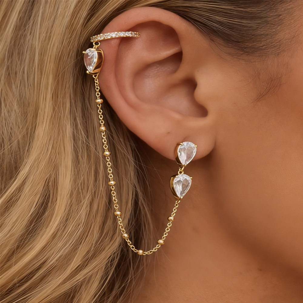 外贸热销水滴耳环小众个性设计双耳链接精致时尚百搭耳饰earrings