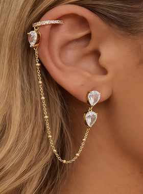 外贸热销水滴耳环小众个性设计双耳链接精致时尚百搭耳饰earrings
