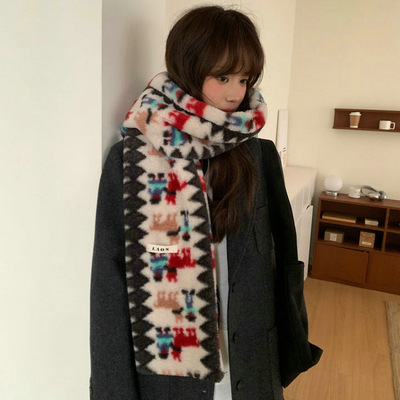 费尔岛风小狗提花毛绒围巾韩系冬季可爱保暖户外百搭披肩围脖潮