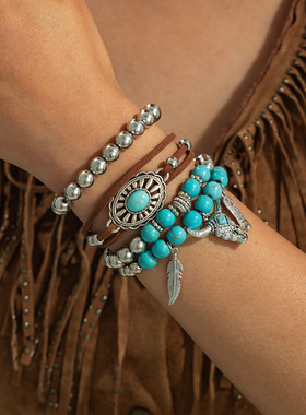 欧美跨境饰品波西米亚仿松石复古手串套装设计感个性串珠手链