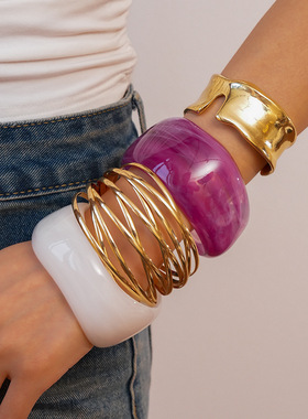 紫色不规则几何树脂开口手镯多