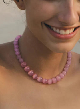 猫眼石项链桃粉色冰川蓝色锁骨链不掉色的项链女夏季项链