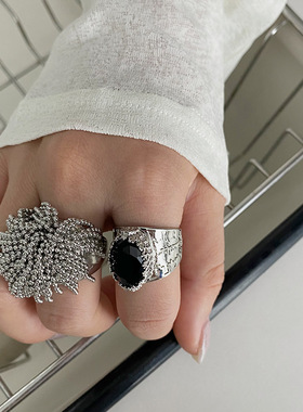 韩国设计小众流苏烟花食指戒指黑色锆石字母甜酷夸张个性戒指指环