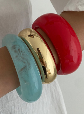 复古重工设计感Bracelet夸张圆形不规则宽手镯法式晕染亚克力手环