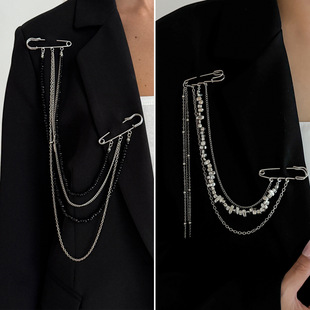 欧美跨境朋克嘻哈长款链条流苏胸针 时尚闪亮星星双别针西装挂饰