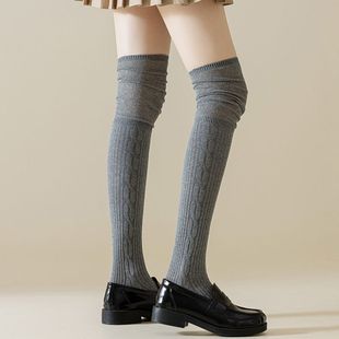 秋冬侧边麻花过膝袜女大腿袜miu韩系高筒袜堆堆袜纯色袜子