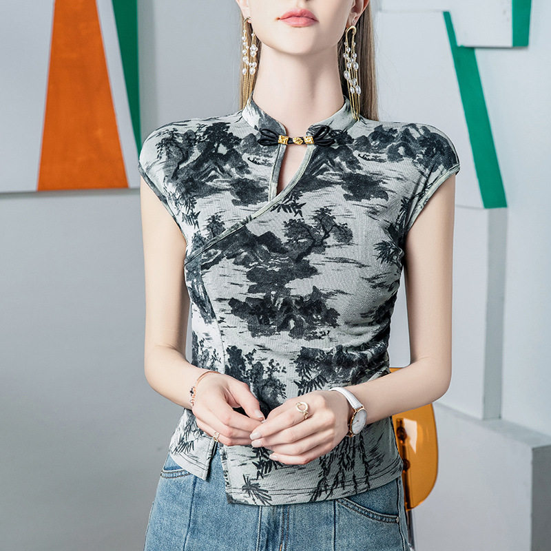 新中式盘扣立领亮丝网纱上衣女短袖T恤印花下摆开叉收腰修身小衫