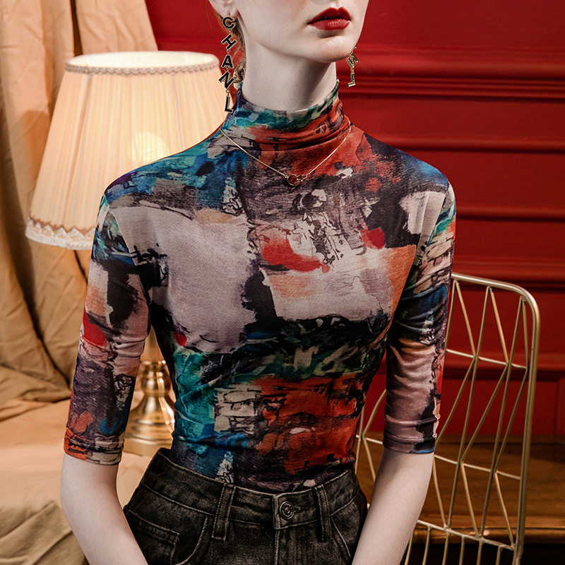 洋气印花中袖T恤女2023秋季新款半高领网纱打底衫修身百搭上衣潮