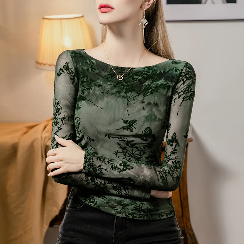 植绒印花网纱打底衫女长袖T恤2024秋季款一字领褶皱修身拼接上衣