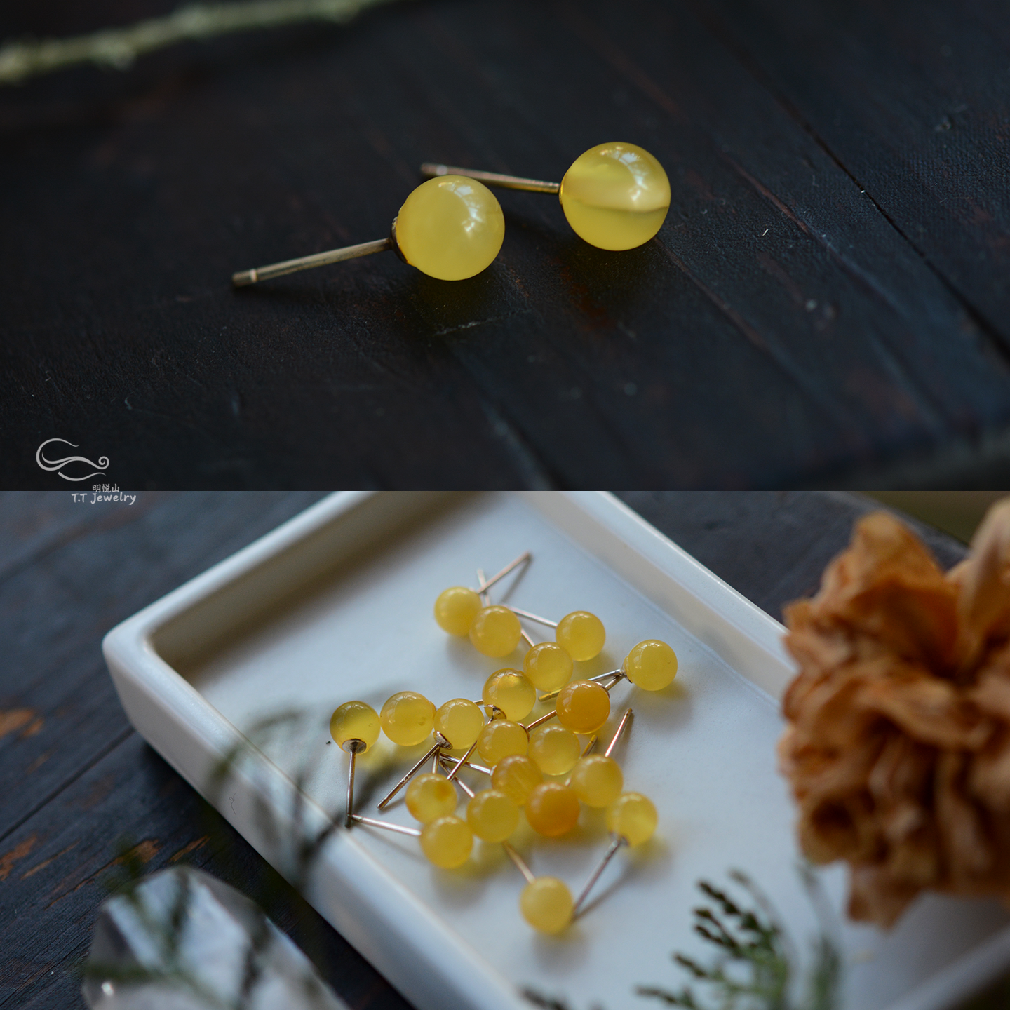 s925纯银镶嵌天然蜜蜡琥珀耳钉