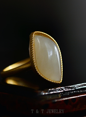 润玉【s925纯银】古法金 镶嵌天然和田白玉 中式美学国风戒指