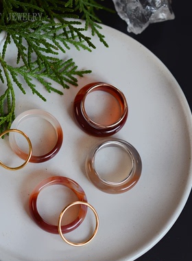 纯银天然玛瑙素圈叠搭简约戒指