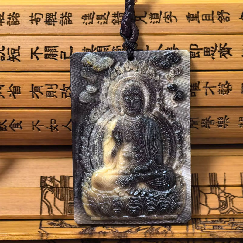 包装纯天然原色黑驴蹄子壳单面雕刻八大守护神生肖狗猪阿弥陀佛牌