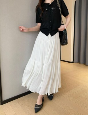 女士春季上小下大褶皱雪纺压皱松紧腰半身长裙38108