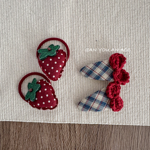 俏皮可爱红色针织蝴蝶结bb夹草莓点点发圈百搭发饰前额刘海碎发夹