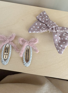 奶乎乎乖乖粉波点毛毛蝴蝶结bb夹女孩手工发夹边夹百搭韩系发饰