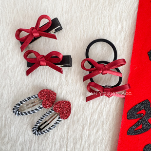 千金感缎面红色立体手工蝴蝶结发夹新年发饰发圈女孩高级感边夹