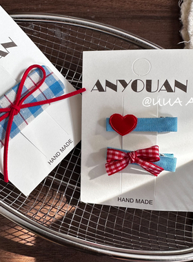 可爱～撞色甜美手工发夹ins红色蝴蝶结边夹发饰韩国织带原创