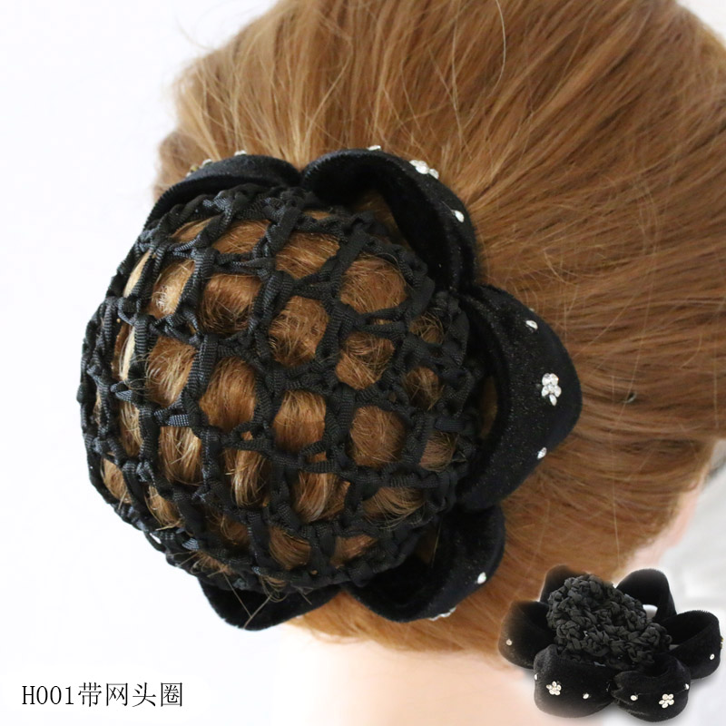 靓彩超闪水晶钻镶钻绒布圈休闲工作盘发发圈带黑色带网兜发饰包邮