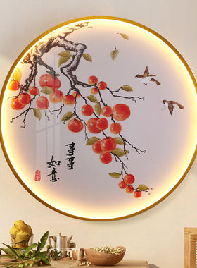 新中式壁画灯中国风客厅卧室餐厅带灯壁画圆形背景墙装饰led壁画