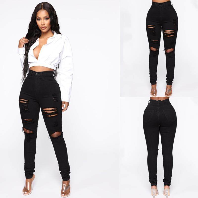 Ladies jeans elastic pants ripped women trousers女牛仔裤高腰