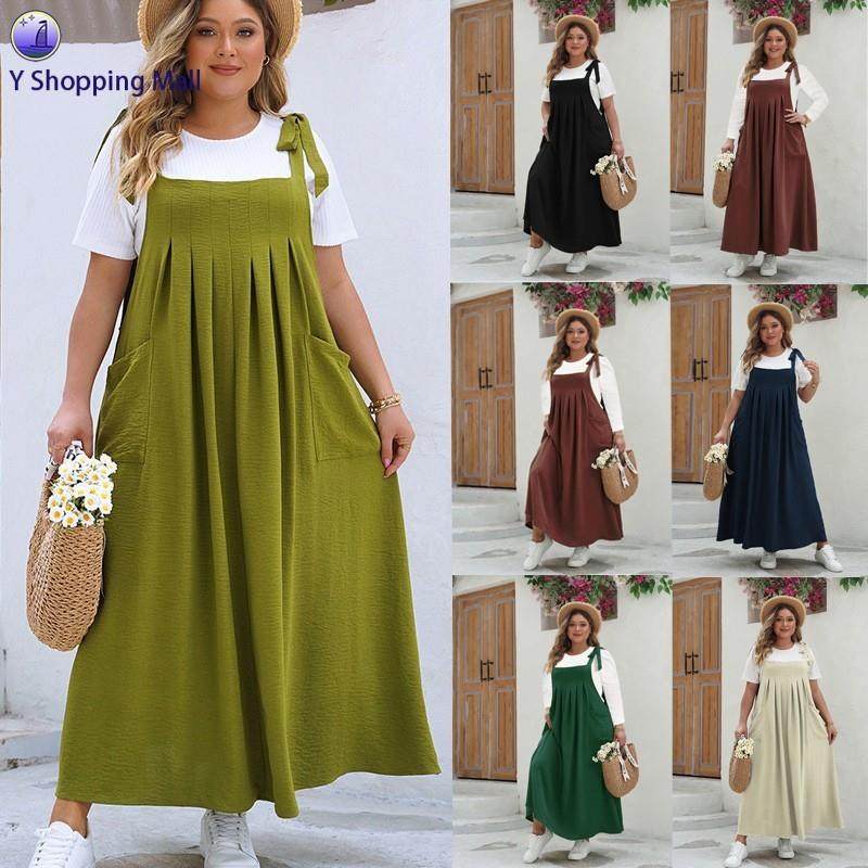 Summer Plus Size Women Stylish Solid Color Suspender Dresses