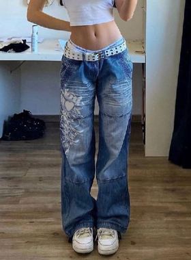 Printed Baggy Y2K Jeans Women's Low Waist jeans Wide Leg