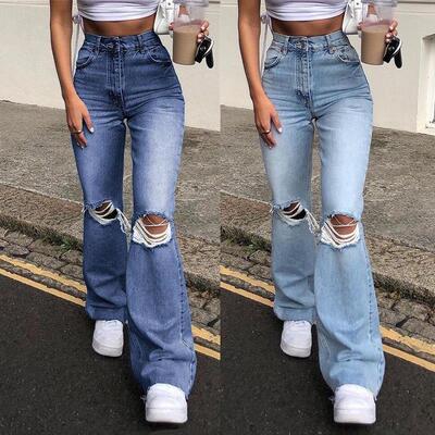 Fashion women knee ripped Jeans 2024 Casual flared trousers