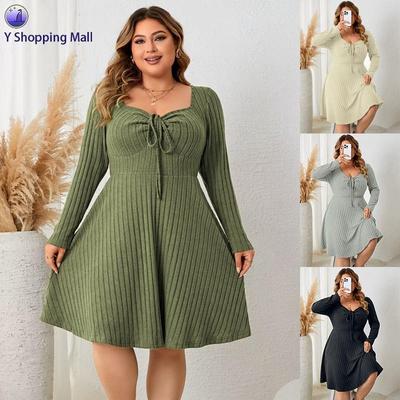 2024Autumn Short Dress for Women Plus Size Square Neck Dress