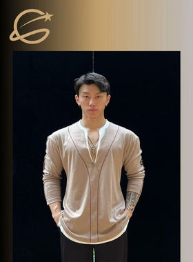 Cold Star舞服拉丁舞成人男士练功服长袖v领上衣国标考级训练服
