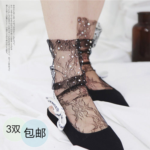 洛丽塔蕾丝网纱亮钻韩国中筒袜