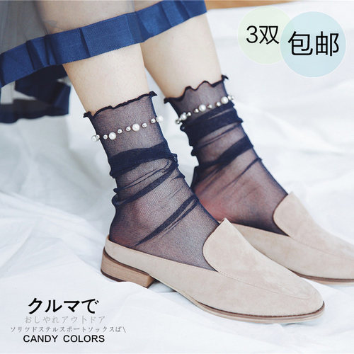 潮袜韩国蕾丝网纱钉珠日系中筒袜