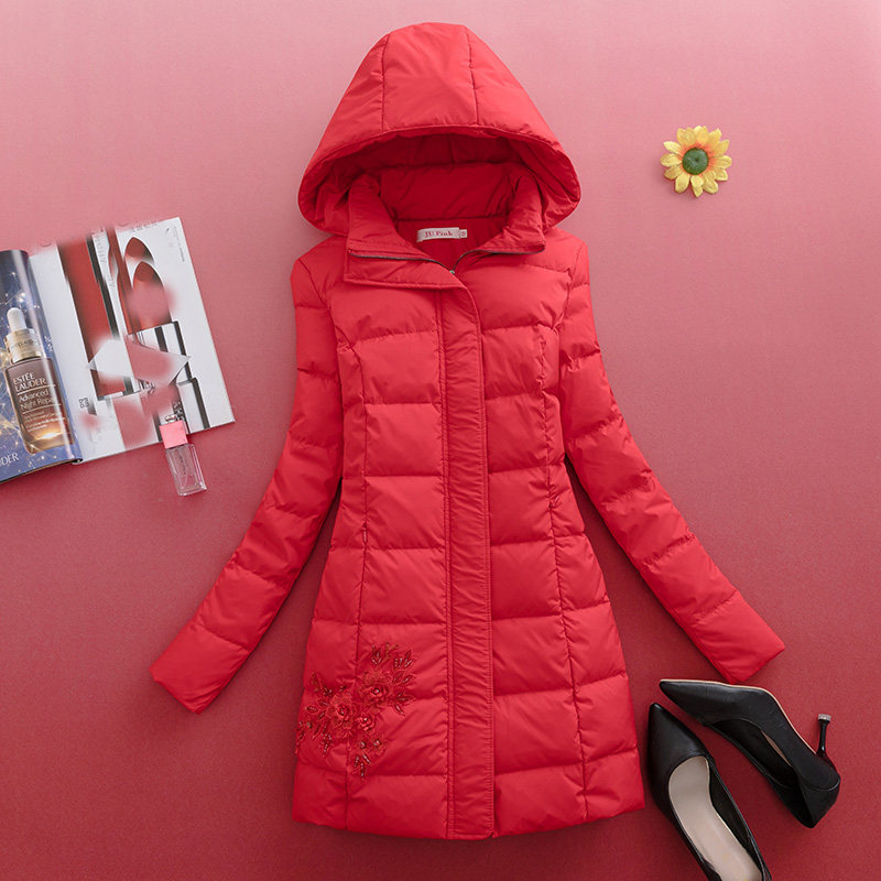 红色白鸭绒羽绒服冬季女小个子洋气绣花高档气质中长加厚外套