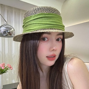 法式 女士遮阳防晒帽子 英伦复古镂空天然草帽女短檐平顶小礼帽夏季